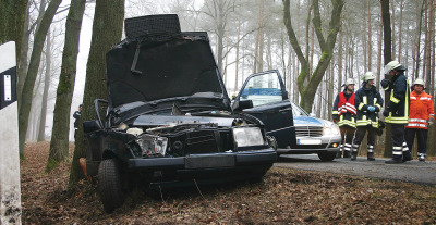 Schwerer Unfall: Eine Beifahrerin dieses Mercedes Benz, der auf Höhe des Hodenhagener Tierheims gegen einen Baum prallte, verstarb gestern noch an der Unfallstelle.