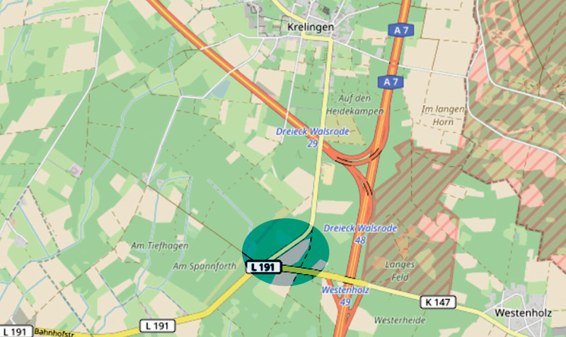 Anvisierte Fläche im Außenbereich: In einem Dreieck zwischen der L 191 und der K 146 soll in der Gemarkung Krelingen ein Asphaltmischwerk entstehen (Bild: OpenStreetMap)