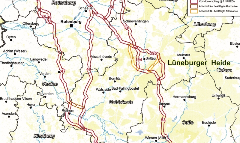 Wichtigstes Thema Trassenverlauf: Bei Soltau und bei Rethem sind nach ersten Prüfungen neue Varianten der Streckenführung hinzugekommen (bei Soltau 1b und 2, bei Rethem 2).hbh