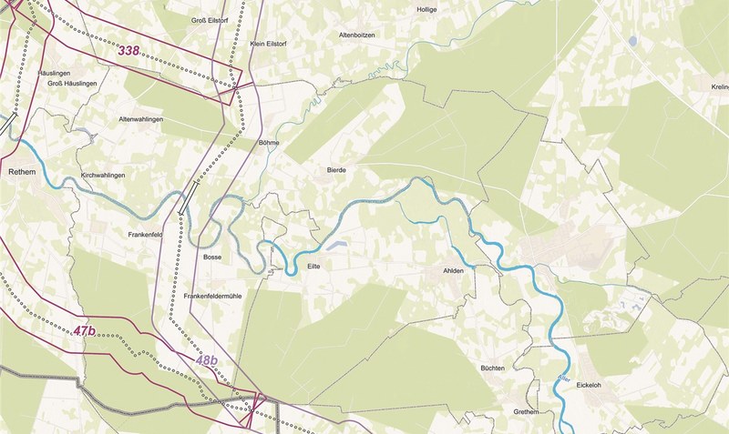 Stromtrasse Suedlink: Die beiden hell-violetten Linien markieren den etwa 1000 Meter breiten Korridor, den der Netzbetreiber Tennet jetzt als favorisierten Vorschlag vorgestellt hat. red (2)