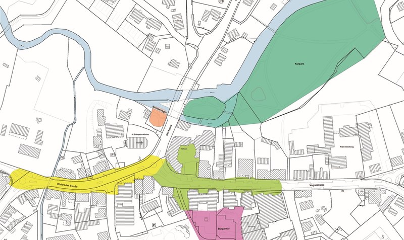 Im unteren Bereich (gelb, hellgrün, pink) gibt es schon freies WLAN, Kurpark (dunkelgrün) und Bootsanleger (braun) sollen dazukommen. Bild: Niedersächsische Vermessungs- und Katasterverwaltung LGLN