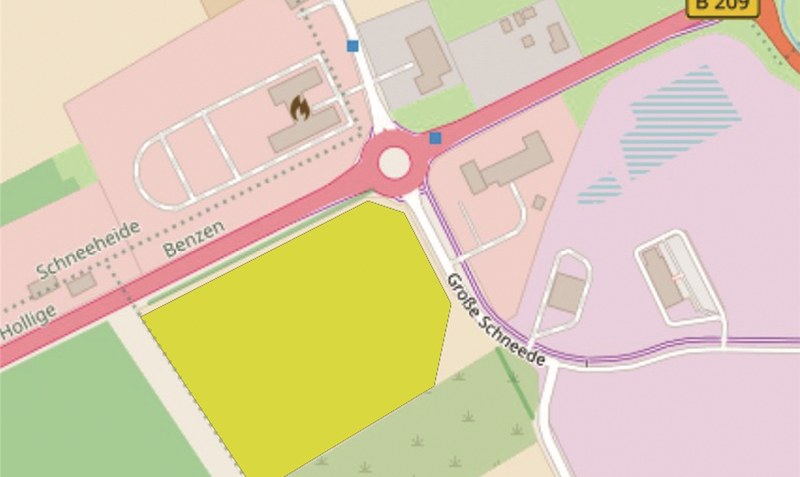 Das Grundstück steht schon fest: Etwa 28.000 Quadratmeter umfasst das Areal (gelb) am Rande des A27-Parks, auf dem der Zoll in ein paar Jahren waffenführende Bedienstete trainieren lassen möchte. Lageplan: openstreetmaps