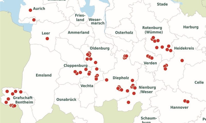 Von Aurich bis Region Hannover: An 70 Wohnorten wurde gemessen. Grafik: Prüfinstitut Müller-BBM