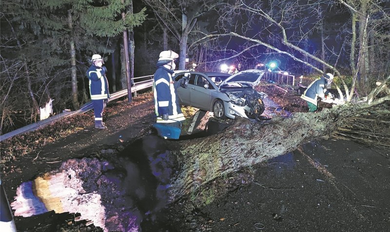 Unfall auf der Kreisstraße 135: Bei Bomlitz in Richtung Westerharl ist ein Fahrer mit seinem Auto gegen einen umgestürzten Baum geprallt. Foto: Thomas Klamet/Feuerwehr Heidekreis