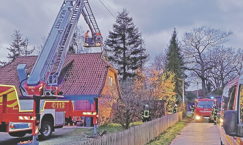 Mit vereinten Kräften beseitigt die Feuerwehr einen Baum, der auf ein Haus gestürzt ist. Foto: Feuerwehr Heidekreis