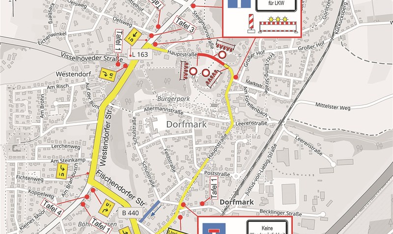 Umgestaltung der Dorfmarker Hauptstraße: Auf der Skizze ist die Umleitungsstrecke gelb markiert, der rote Abschnitt ist ab Montag gesperrt. Skizze: Stadt Bad Fallingbostel