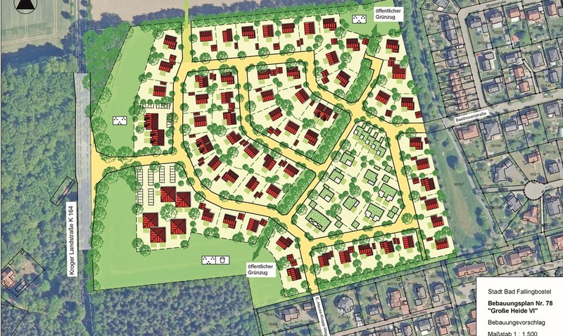 Bebauungsvorschlag: So könnte das Baugebiet “Große Heide VI” aussehen. Grafik: GES