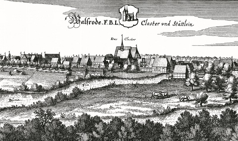 Auf dem 1654 veröffentlichten Stich Walsrodes von Matthäus Merian ist die zentrale Pfarrkirche gut zu erkennen. Davor befinden sich Klosterchor (mit hellem Dach) und Klostergebäude (links). Rechts neben der Kirche steht das Haus der Domina (mit markanter Fassade). Foto: Matthäus Merian