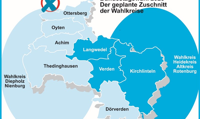 Einer der Vorschläge zur Wahlkreisreform sieht vor, Teile des Landkreises Verden dem Wahlkreis Rotenburg I-Heidekreis zuzuschlagen. Grafik: Walsroder Zeitung